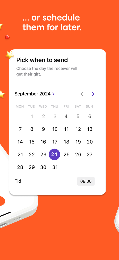 Vipps - Interfaz de la aplicación Vipps mostrando un calendario y selector de hora para programar un pago de regalo digital