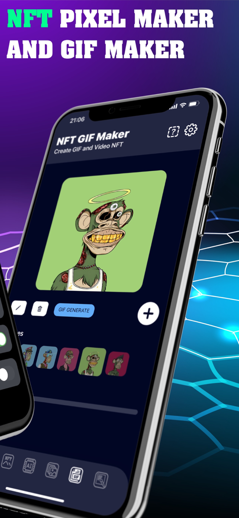 iPhone screen displaying the NFT Maker app featuring the GIF and pixel art creation tool with a cartoon monkey character