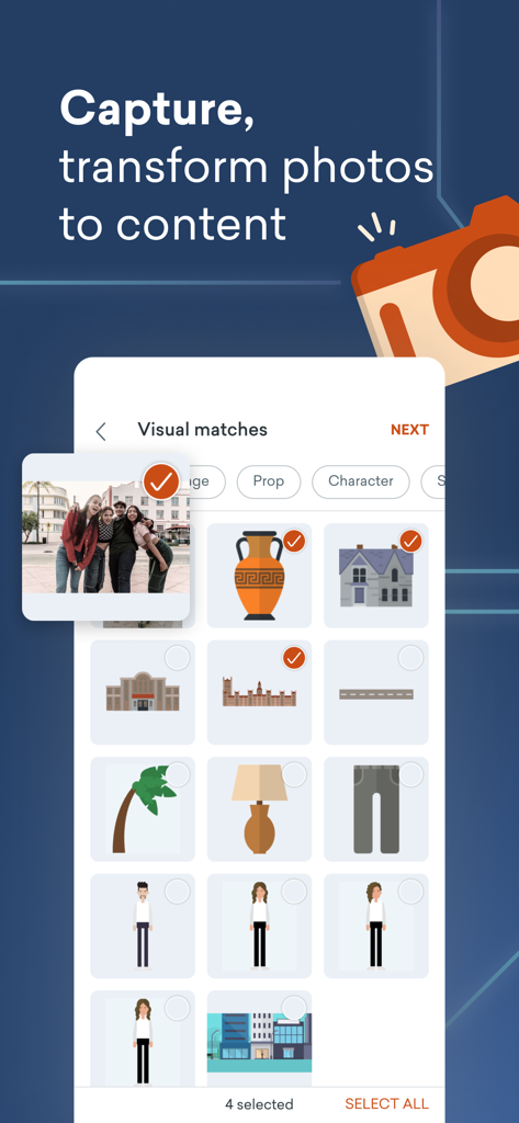 Vyond mobile app interface showing photos transformed into animated video assets