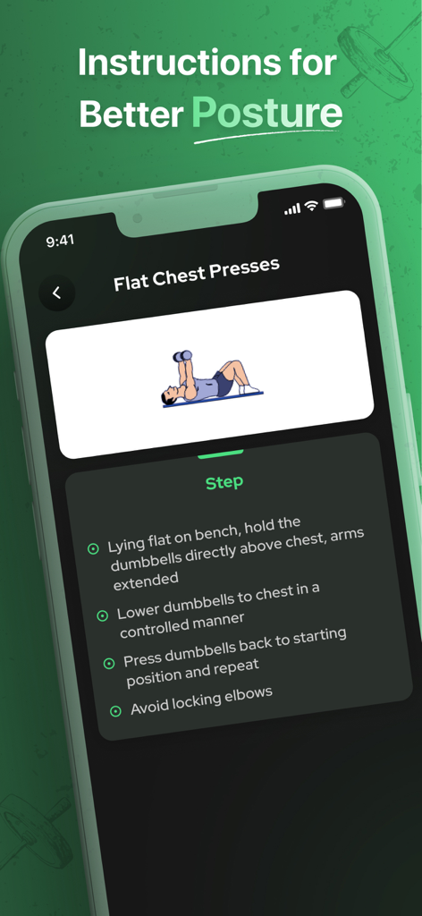 30 Day Workout - Home Fitness - Mobile app screen showing flat chest press instructions with 2D animation and step-by-step guidance