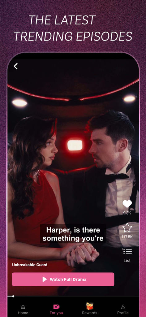 SaltyTV - SaltyTV app interface showing a romantic scene from a trending short drama episode featuring a man and woman in a car