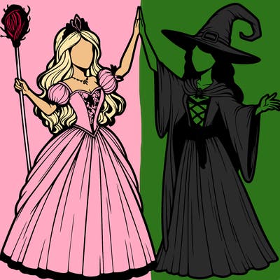 detailed realistic split of a princess and a witch