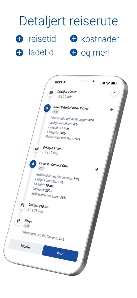 Detaillierter EV-Routenplaner in ElbilAppen, der Ladestopps und Kosten anzeigt.