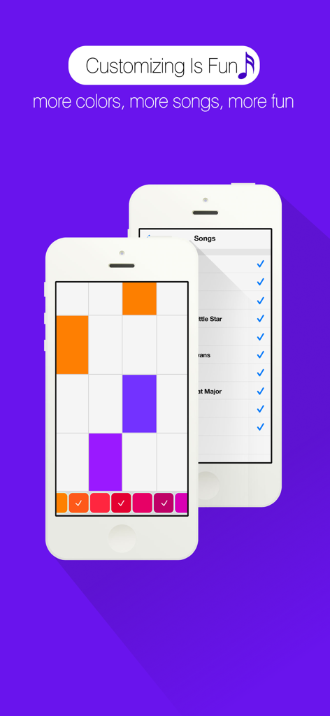 Two mobile phones displaying Piano Tiles gameplay with colorful tiles and a song playlist screen.
