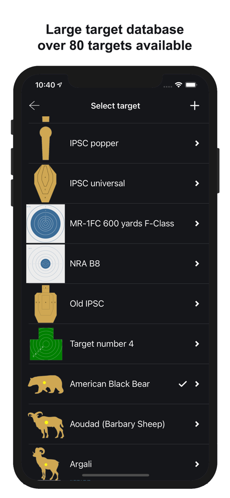 Stadiametric Rangefinder - Target selection screen in the Stadiametric Rangefinder app showing a variety of tactical and animal targets