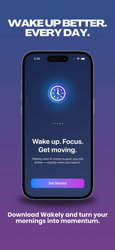 Wakely alarm clock app onboarding screen on iPhone