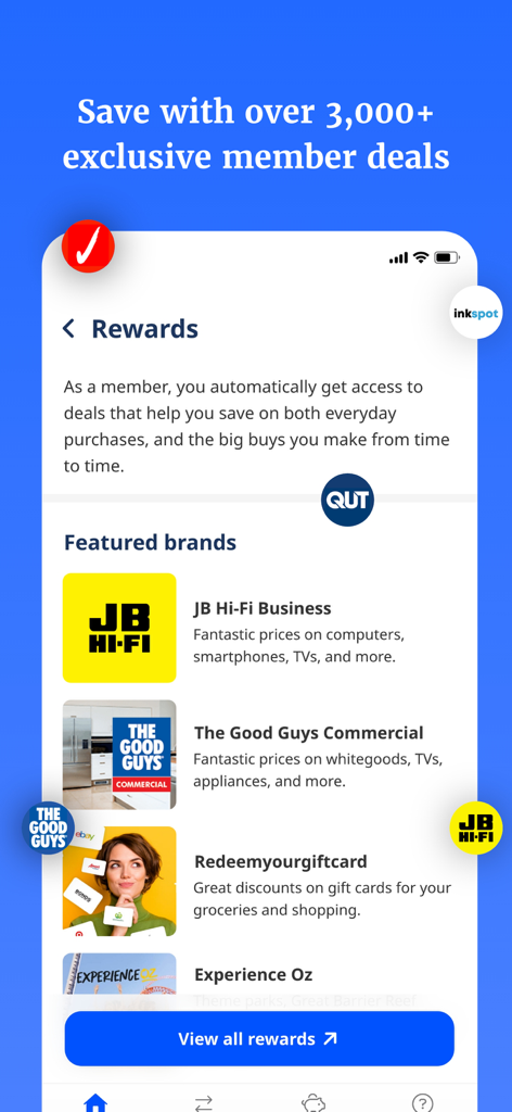 Australian Retirement Trust - Rewards page of the Australian Retirement Trust app displaying exclusive member deals and discounts from featured brands.
