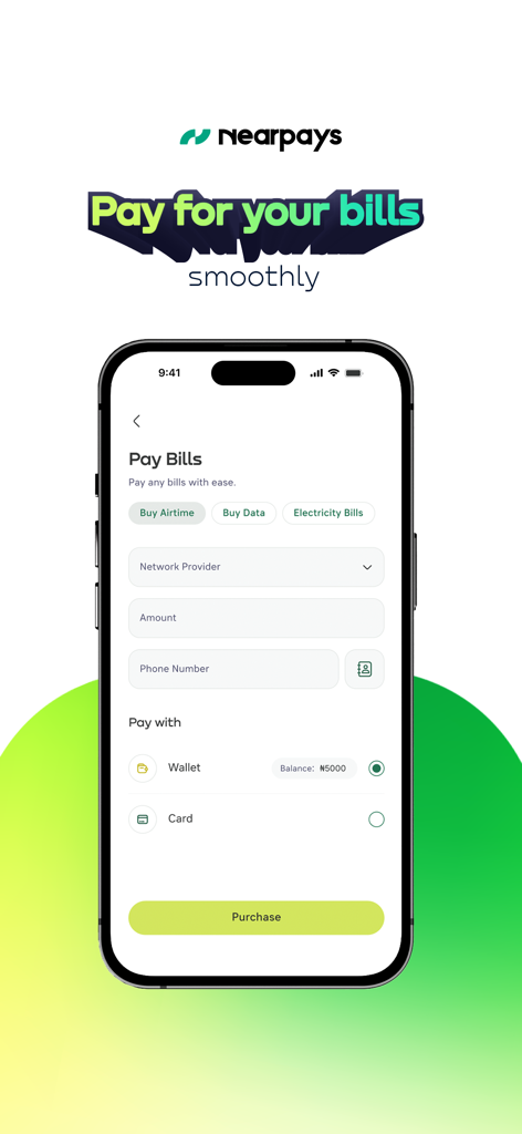 NearPays - NearPays mobile app screen showing options to pay Nigerian electricity bills, buy airtime, and data.