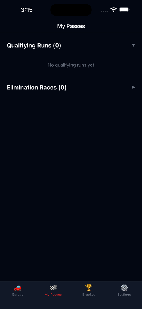 Dominican Roll Race - The My Passes screen in the Dominican Roll Race app showing sections for qualifying runs and elimination races.