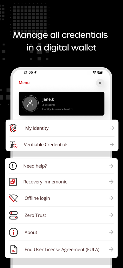 1Kosmos - 1Kosmos app interface displaying the digital wallet menu for managing credentials and identity security settings