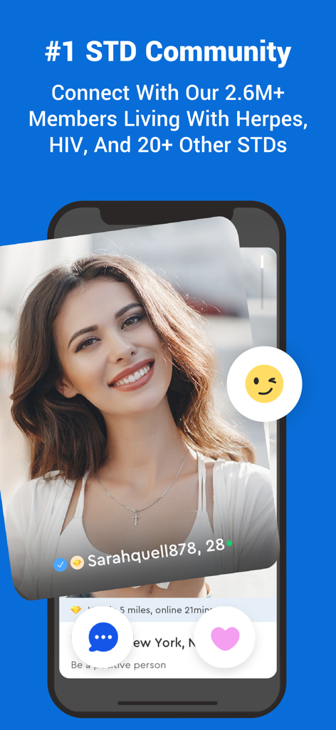 Positive Singles®: Herpes Date - PositiveSingles app interface featuring a member profile and statistics about the world's largest STD dating community.