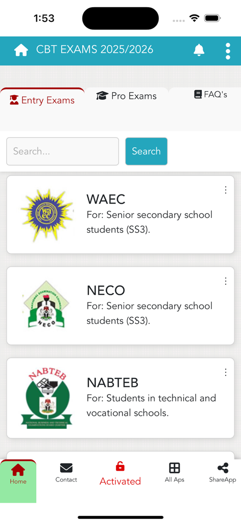 Pantalla de selección de exámenes de ingreso WAEC NECO y NABTEB en la aplicación ePractice CBT