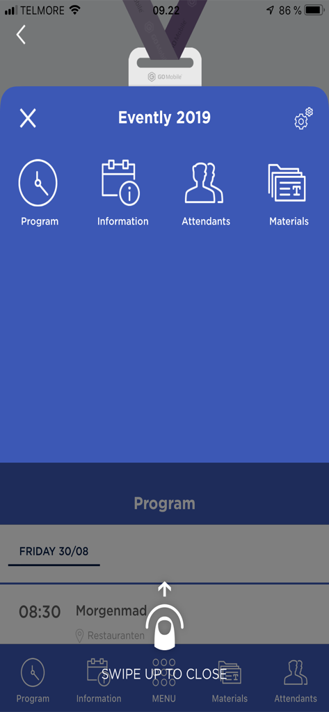 EVENTLY - Interfaccia dell'app EVENTLY che mostra icone per informazioni sul programma, partecipanti e materiali