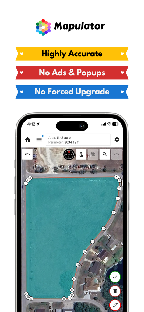 GPS Land Measurement & Survey - Mapulator app interface measuring a land area of five acres on a satellite map