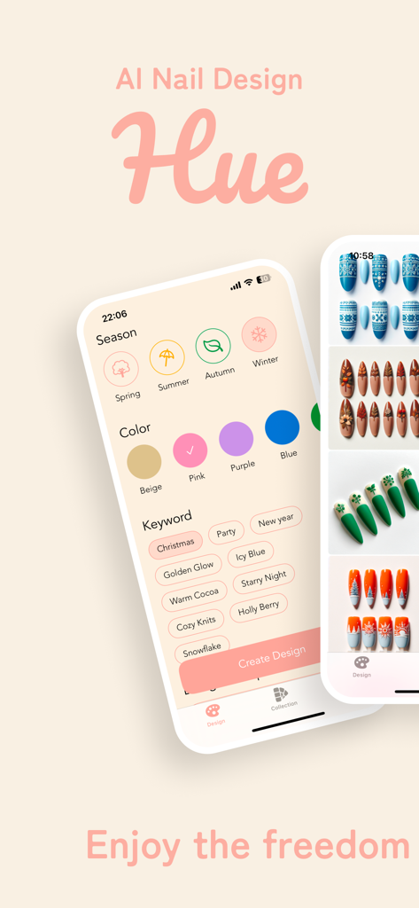 AI Nail Design - Hue - Interface de l'application AI Nail Design Hue montrant des options de personnalisation comme la saison et la couleur à côté d'exemples d'art d'ongles générés