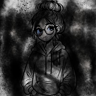teen girl with a messy bun and glasses wearing a loose hoodie and jeans