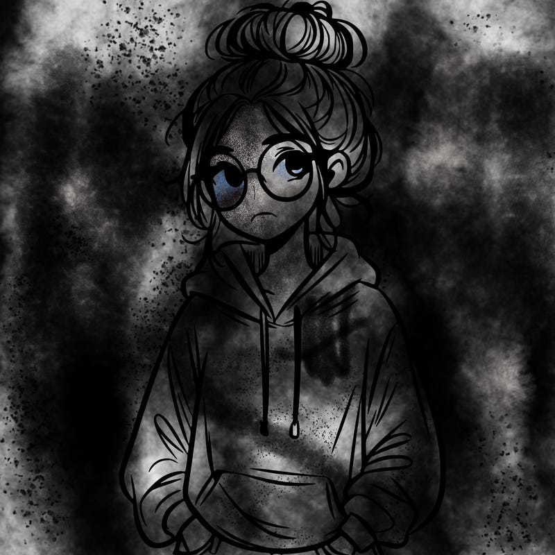teen girl with a messy bun and glasses wearing a loose hoodie and jeans