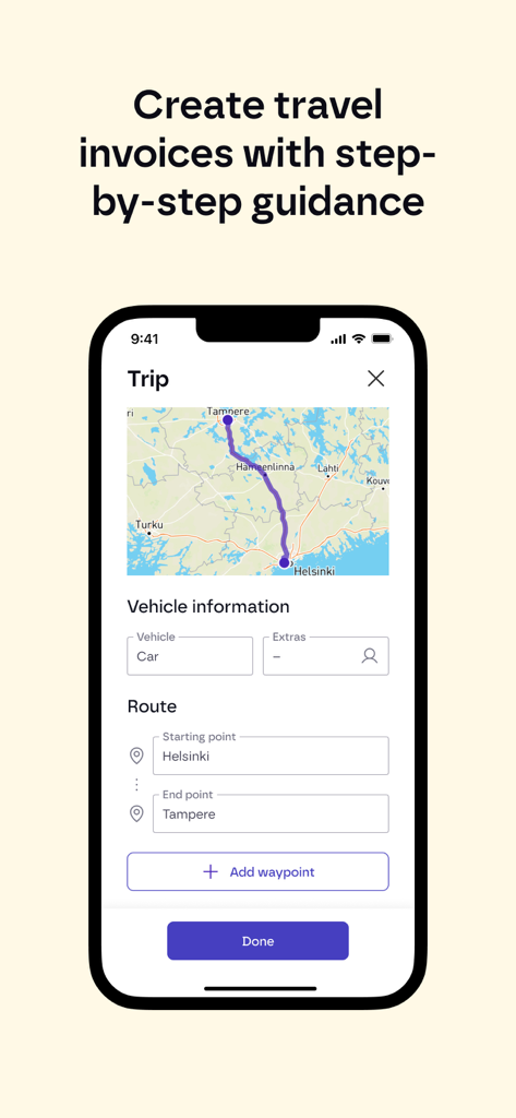 Procountor - Interfaz de la aplicación Procountor que muestra la creación paso a paso de facturas de viaje con un mapa del trayecto