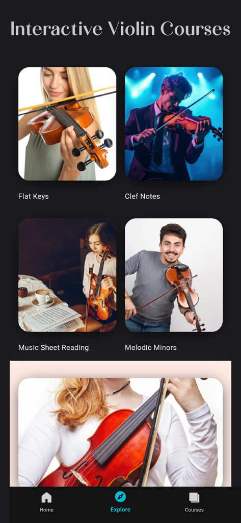 Violin Lessons For Beginner - A menu of interactive violin courses including music sheet reading and melodic minors