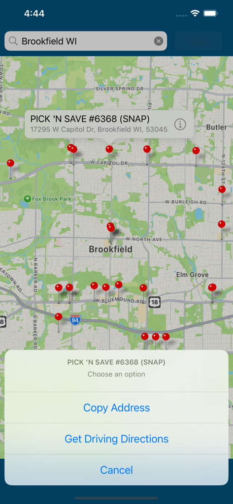 ebtEDGE App Bildschirm, der eine Karte mit Markierungen für SNAP-Händler und ein Menü für Wegbeschreibungen anzeigt