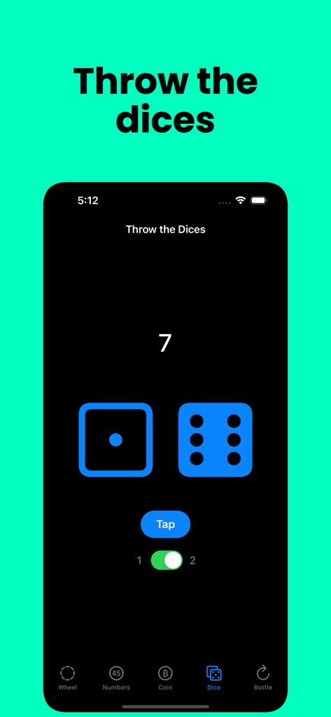 Random GameBox, Spin the wheel - Interfaz de aplicación móvil que muestra una función de lanzamiento de dados digital con dos dados azules que suman siete.