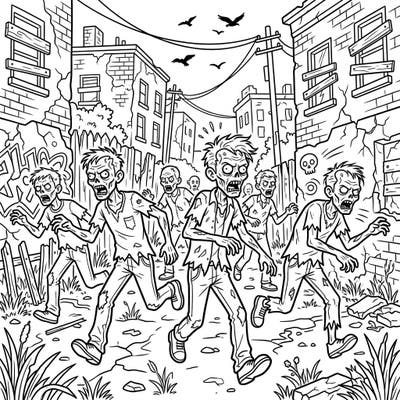 Dive into a spooky and engaging coloring adventure with this dynamic running zombies scene. Designed with large print and clear lines, it's perfect for seniors seeking a fun, accessible artistic challenge.