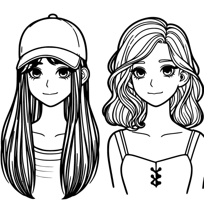 two girls one with cap long hair other girly medium hair realistic.