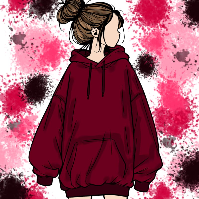 realistic girl with a oversized sweatshirt on and a bun