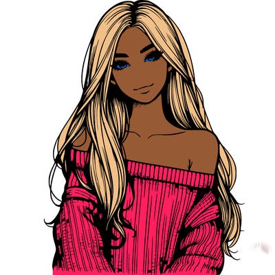 realistic girl with long hair wearing an off the shoulder sweater