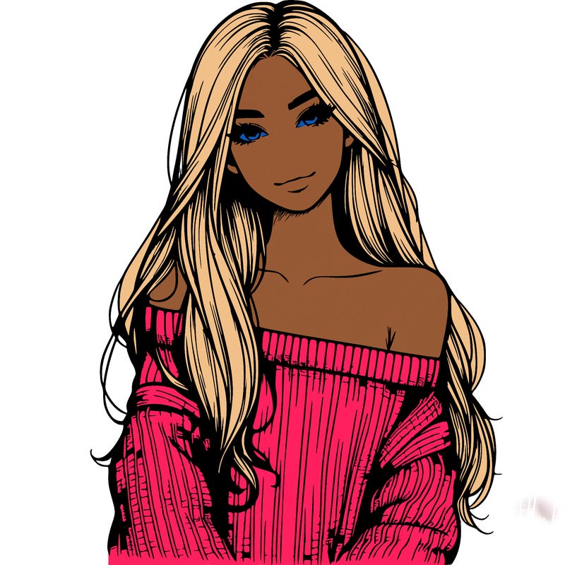 realistic girl with long hair wearing an off the shoulder sweater