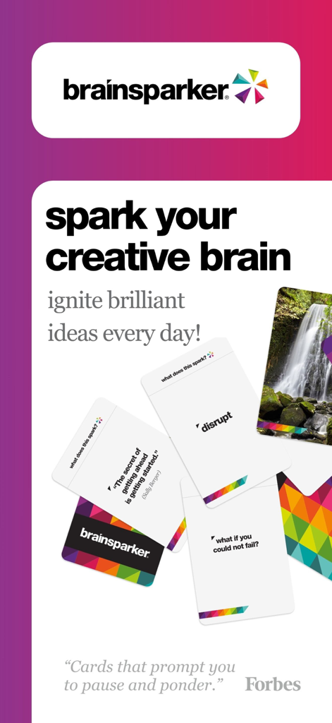 Brainsparker Creativity Coach - Brainsparker app screen showing creative prompt cards and a Forbes endorsement quote.
