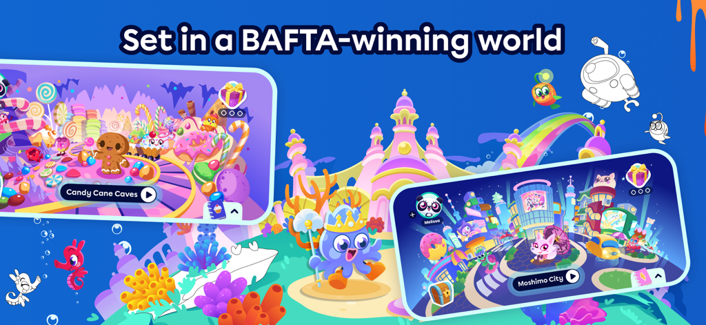 Moshi Coloring World - Werbebanner für Moshi Coloring World mit bunten Spielumgebungen, darunter Candy Cane Caves und Moshimo City.