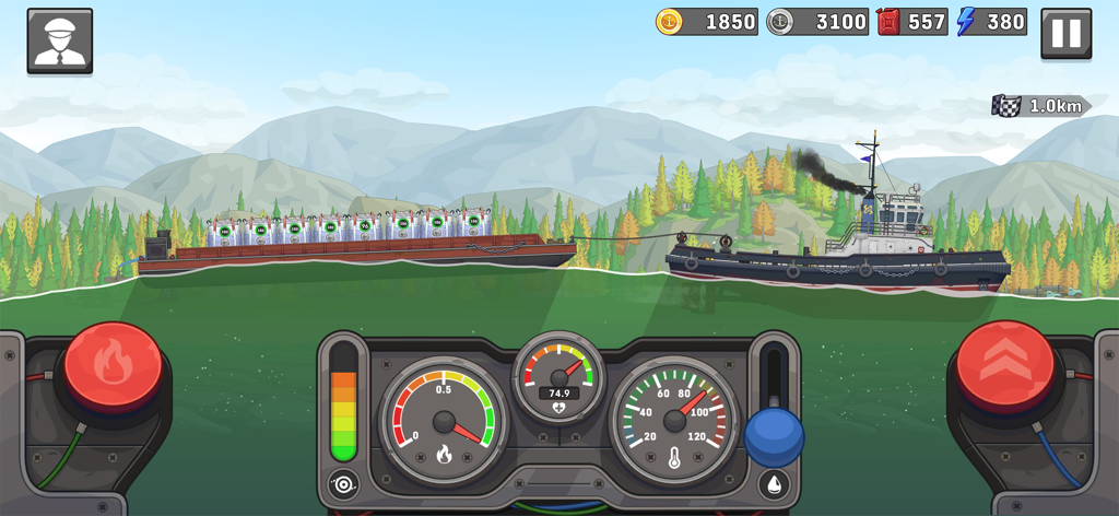 Ship Simulator: Boat Game - Un remolcador remolcando una barcaza de carga en un simulador de barcos 2D con un panel de control del motor.