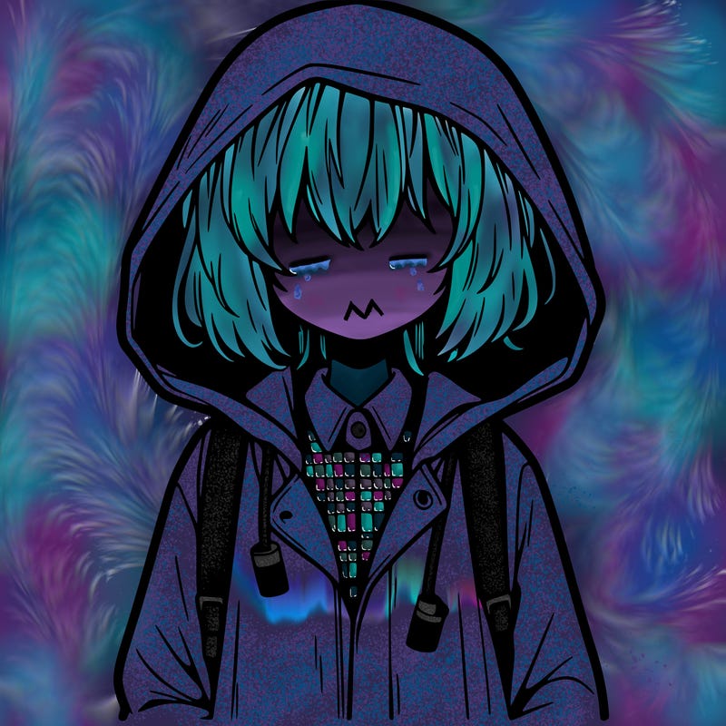 little anime girl in a raincoat her hair is covering her eyes she has a lighter