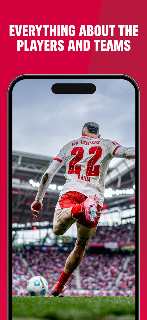 RB Leipzig - Pantalla de la app RB Leipzig con un jugador en acción y texto sobre jugadores y equipos