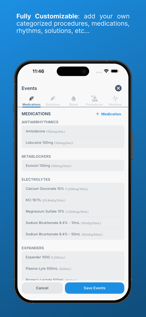 Code Blue – CPR & ACLS Timer - A screenshot of the Code Blue app interface showing a customizable list of ACLS medications and categorized medical procedures