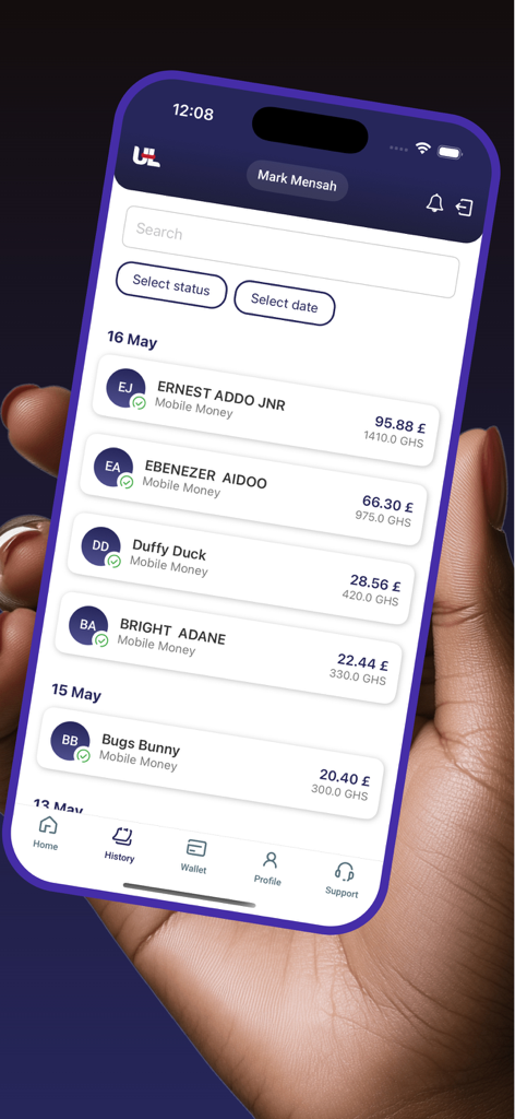 UnityLink - Money Transfer - A hand holding a smartphone displaying the transaction history of the UnityLink money transfer app with listed recipients and amounts.