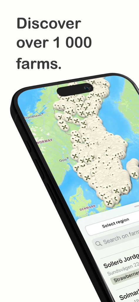 Mobile app screenshot showing a map of Sweden with over 1000 farm shop locations