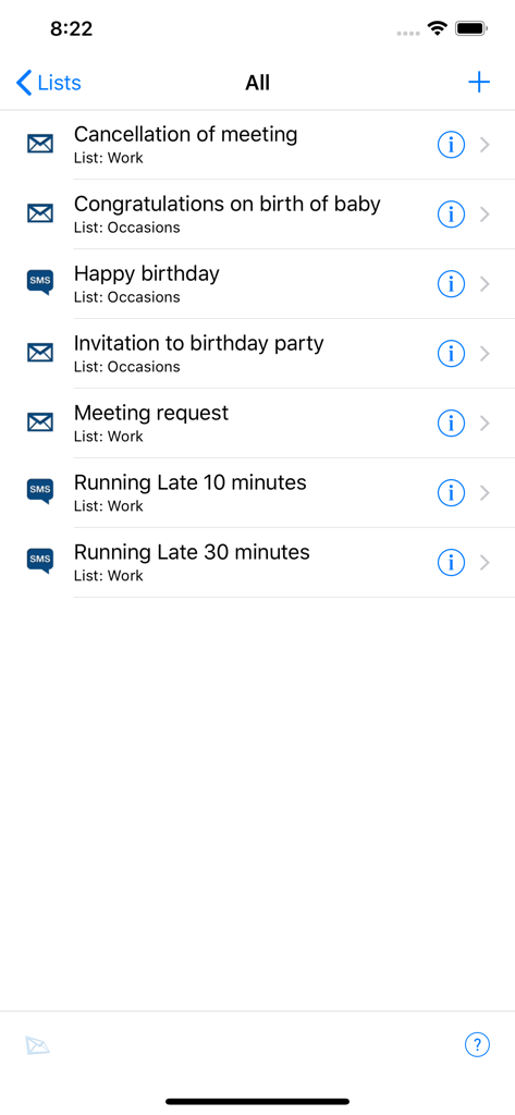 Interfaz de usuario que muestra una lista de plantillas de mensajes de correo electrónico y SMS categorizadas por trabajo y ocasiones