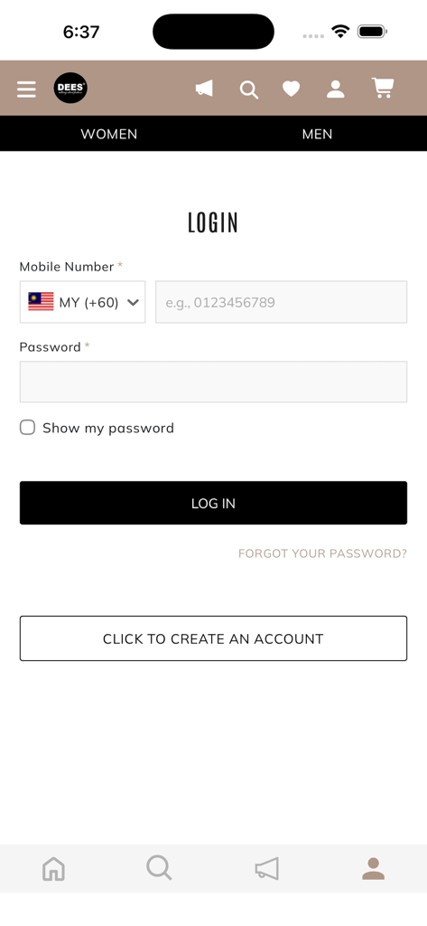 DEES Fashion - Anmeldebildschirm der DEES Fashion App mit Feldern für Handynummer und Passwort