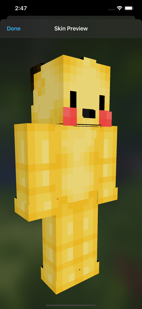 Eine 3D-Vorschau eines benutzerdefinierten gelben Charakter-Skins in der Minecraft-Skin-Editor-App