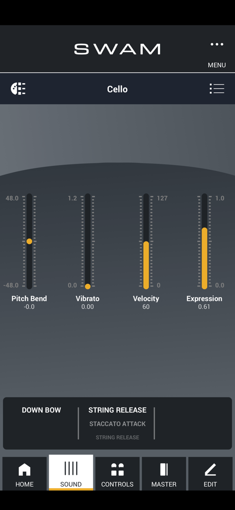 SWAM Cello app interface showing sound controls for pitch bend vibrato and velocity