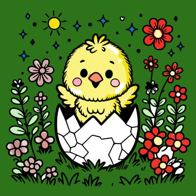 a little chick hatching from an easter egg in the middle of a flower field.