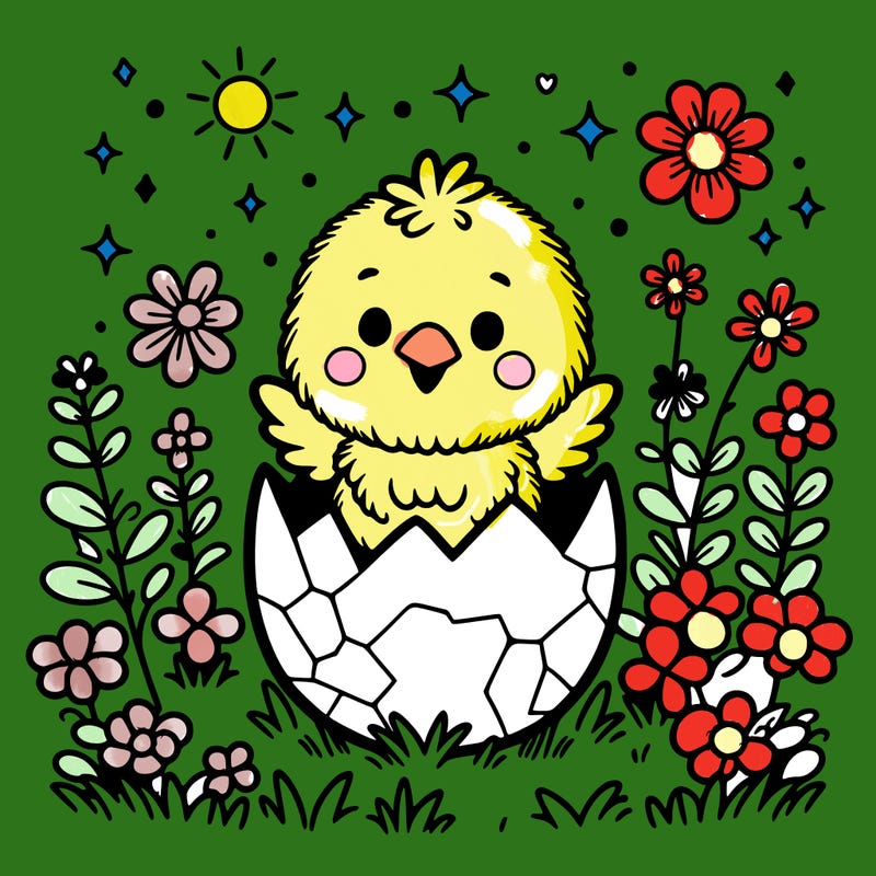 a little chick hatching from an easter egg in the middle of a flower field.
