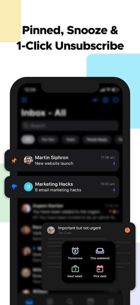 Smartphone screen showcasing Canary Mail features including pinned emails, 1-click unsubscribe, and custom snooze options