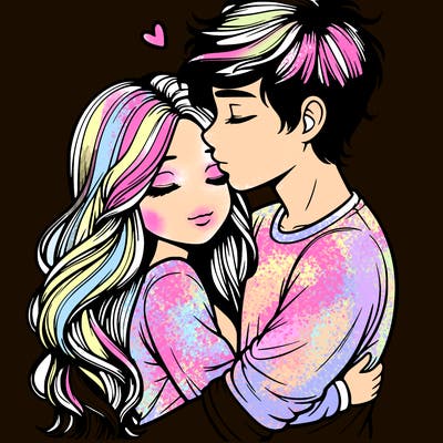a realistic couple boy and girl hugging and kissing