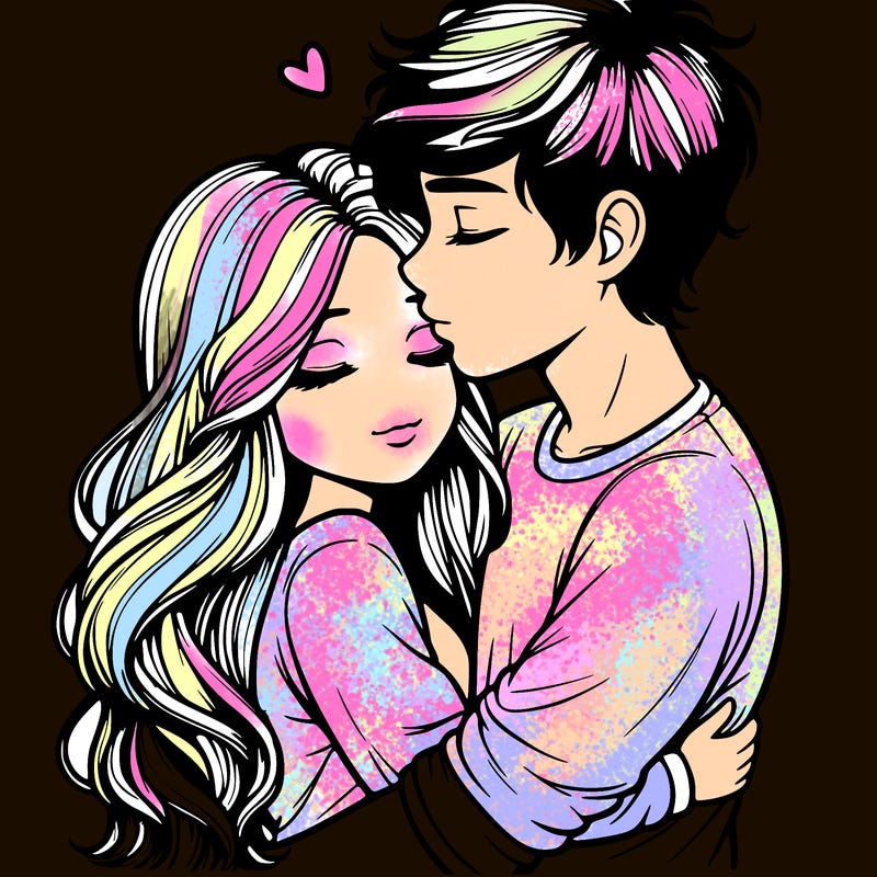 a realistic couple boy and girl hugging and kissing