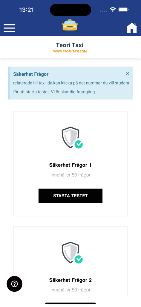Teori Taxi Frågor - Teori Taxi App-Oberfläche, die das Modul für Sicherheitsfragen und eine Schaltfläche zum Starten des Tests anzeigt.