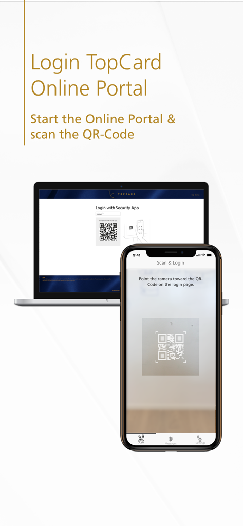 TopCard Security - A smartphone scanning a QR code on a laptop screen to log into the TopCard online portal