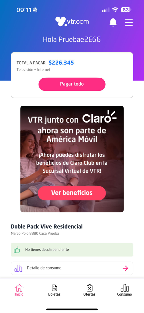 Pantalla de inicio de la aplicación móvil VTR mostrando resumen de pago de facturas y beneficios del servicio